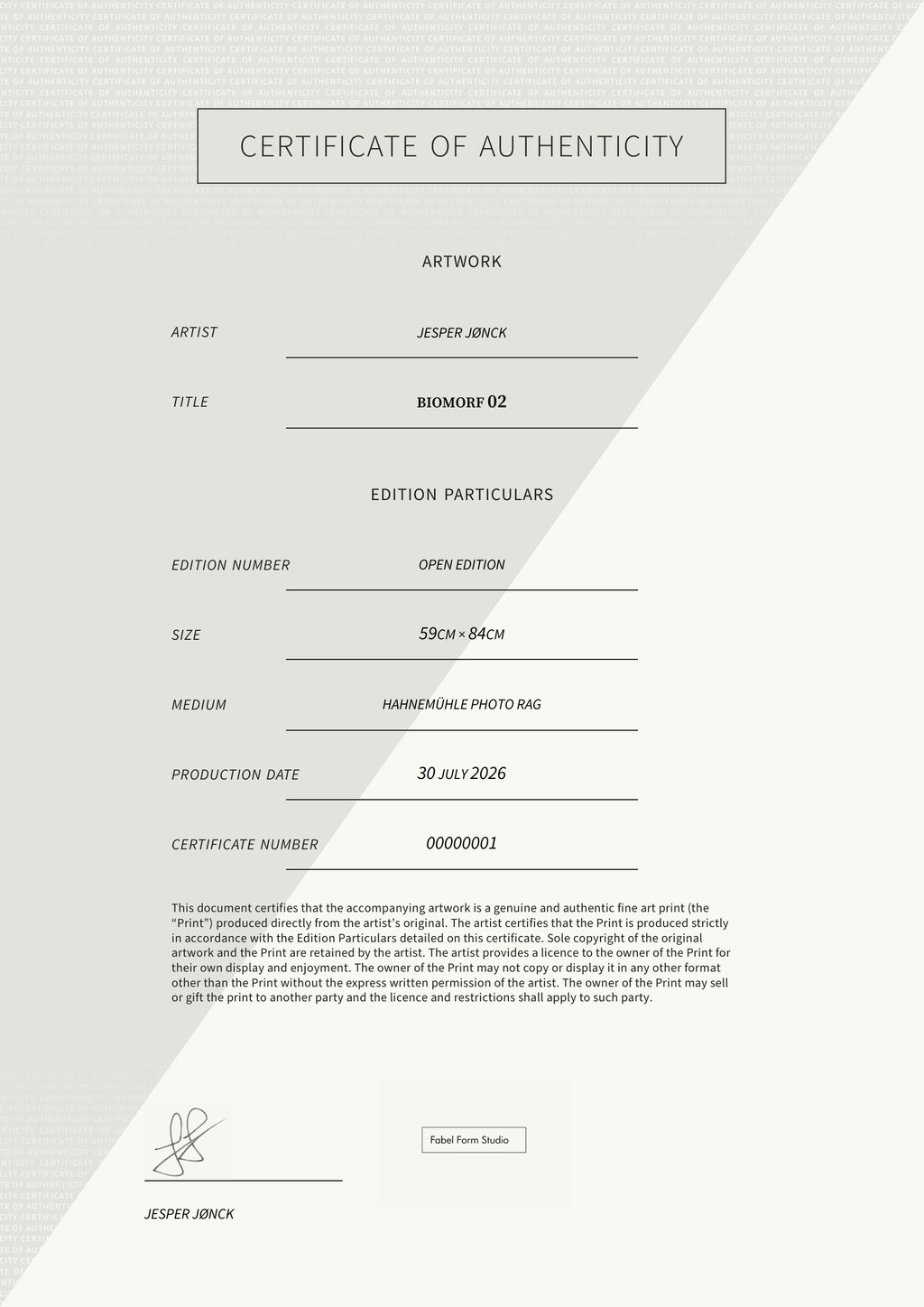 Biomorf 02 — Certificate of Authenticity