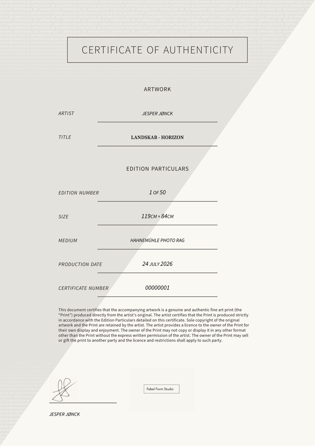 Landskab - Horizon — Certificate of Authenticity