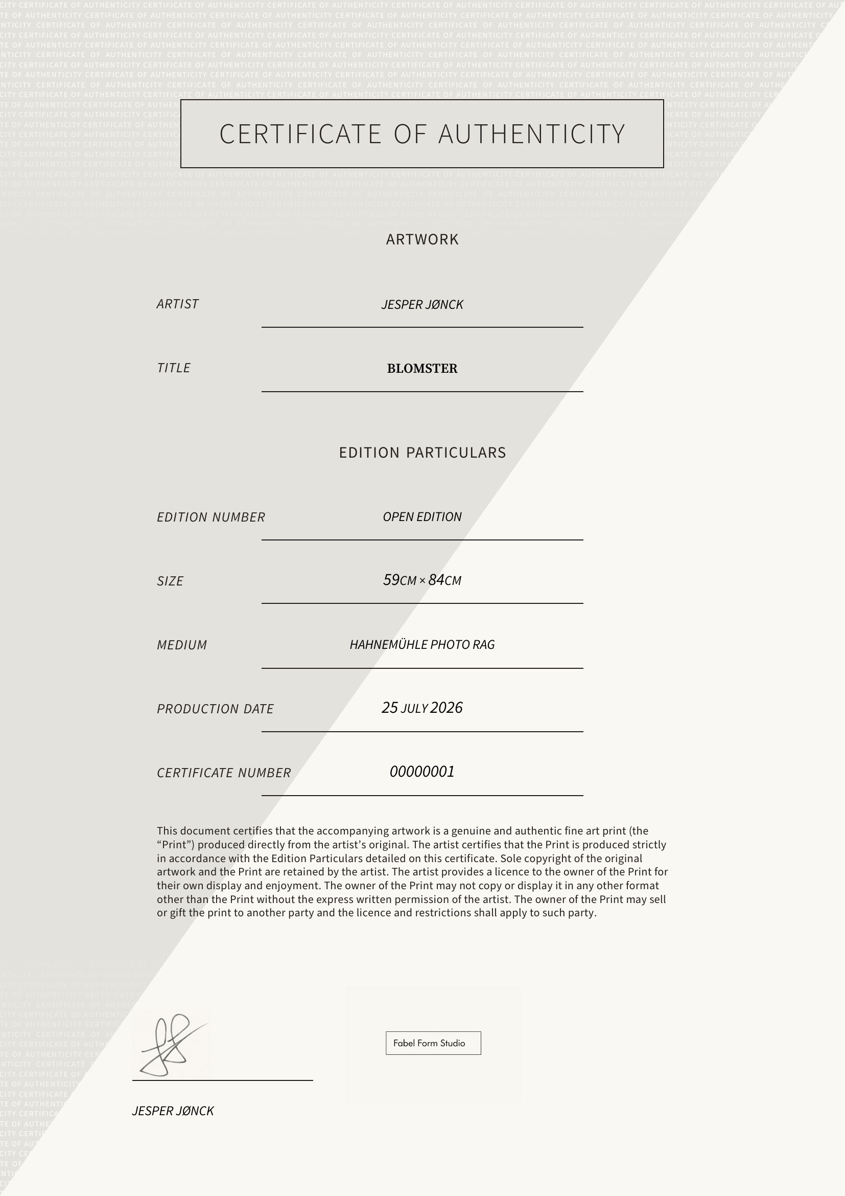 Blomster — Certificate of Authenticity